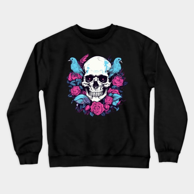 Floral Flowers Skull and Birds Crewneck Sweatshirt by TOKEBI